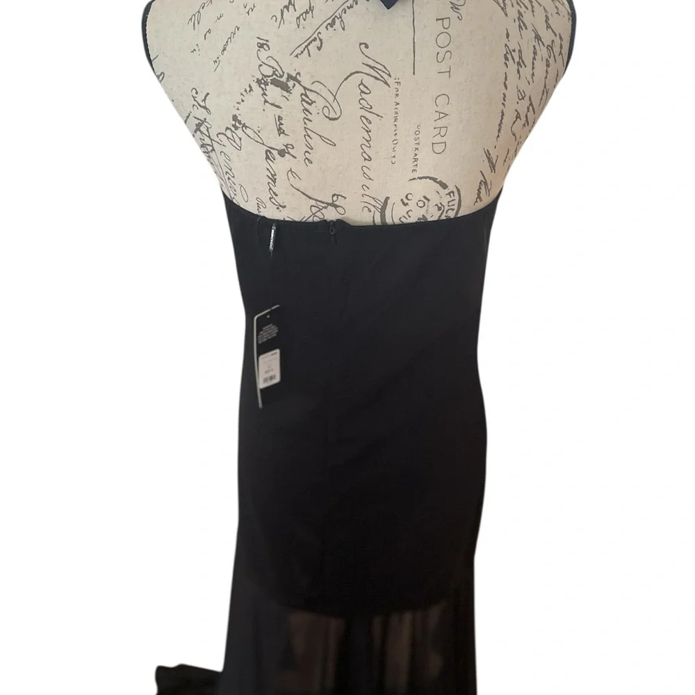 Black Mini Tube Dress with White Floral Detail & Sheer Ruffle Train - Picture 4 of 13